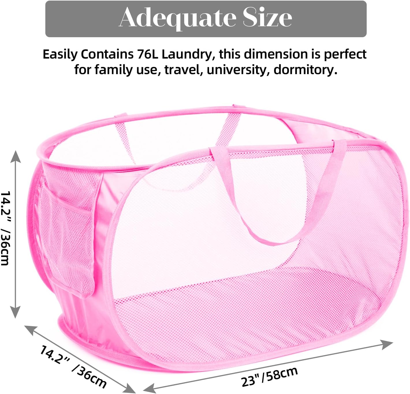 Durable Collapsible Laundry Baskets, Mesh Pop Up Laundry Hamper with Side Pocket, Foldable Clothes Storage Hamper with Reinforced Carry Handles for Laundry, Bathroom, Kids Room, Dorm or Travel Pink