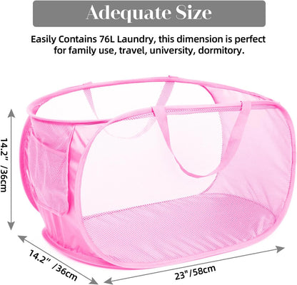 Durable Collapsible Laundry Baskets, Mesh Pop Up Laundry Hamper with Side Pocket, Foldable Clothes Storage Hamper with Reinforced Carry Handles for Laundry, Bathroom, Kids Room, Dorm or Travel Pink