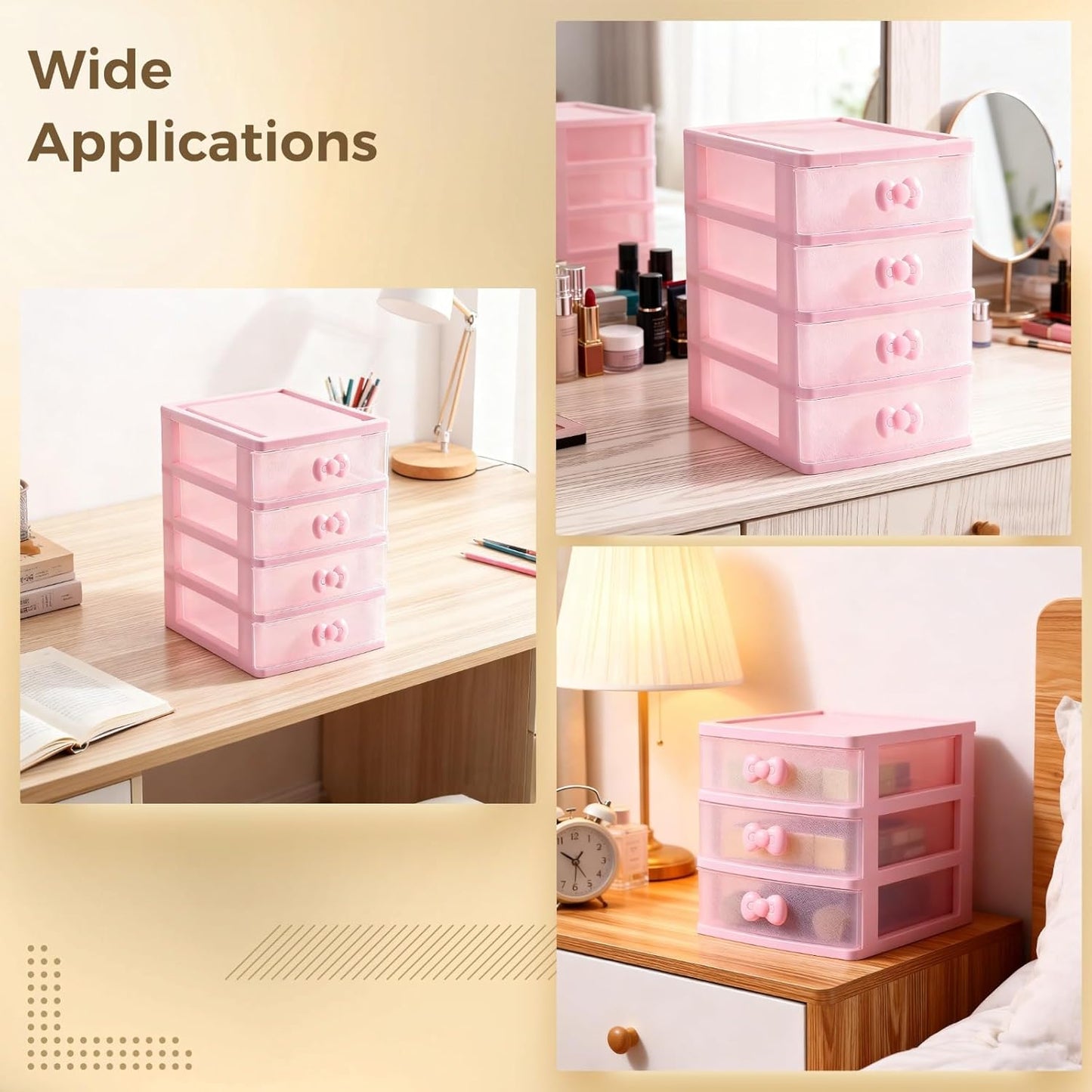 4-Layer Pink Desktop Drawer Organizer, Lovely Pink Storage Box 7.9x6.7x5.1 in, Multi-Layer Stackable Makeup Organizer with Transparent Panel, Bow Handles for Desk Organization