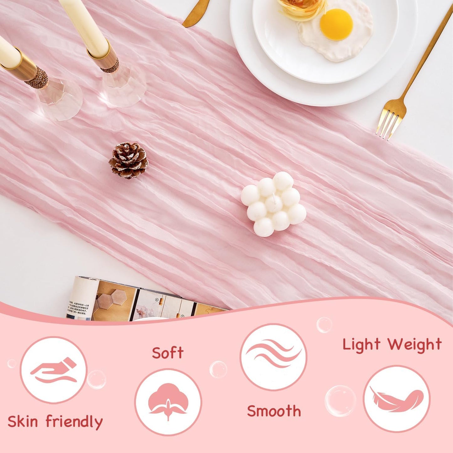 10 Pack Pink Table Runner 21x120 Inch Light Pink Cheesecloth Table Runner 10FT Boho Gauze Table Runners Long Cheese Cloth Table Runner Semi Sheer Runners for Wedding Bridal Baby Shower Party