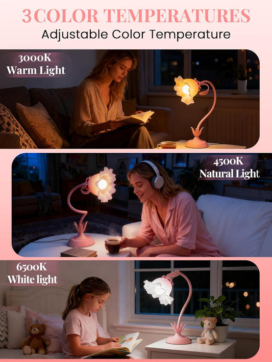 Flower Table Lamp, Bedside Vintage Table Lamp, 3 Color Modes Reading Light, Kawaii Bedside Lamps for Nightstands, Flower Lamp for Living Room Bedroom Room Lighting Table Lamps Home Decor (Pink Lamp)