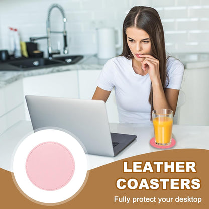 uxcell 5Pcs PU Leather Coasters, 4" Round Drink Coasters Heat Resistant Water Absorbent Non Slip Cup Mat for Home Office Kitchen Bar Coffee Table Housewarming Gifts Decor, Pink