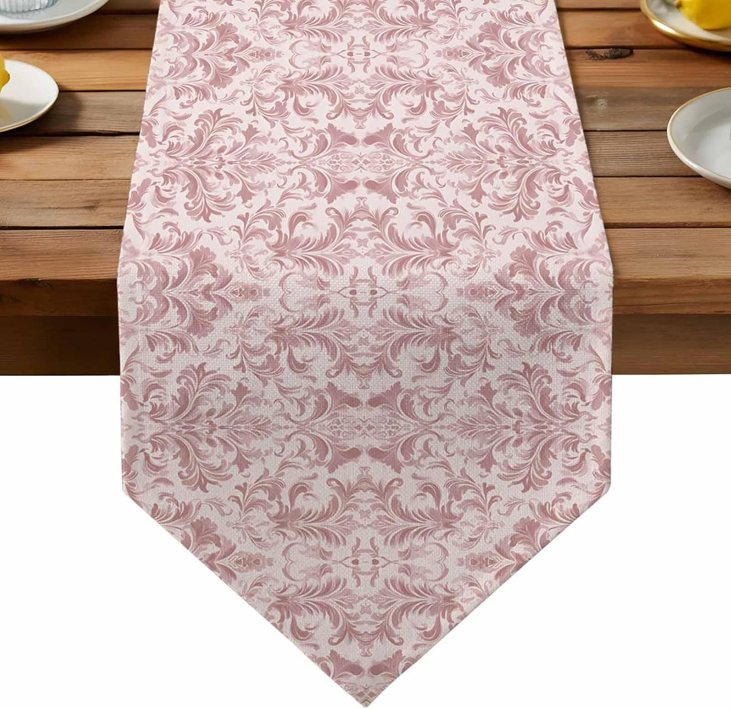 Pink Baroque Table Runner Linen Burlap Table Runner 72 Inches Long Farmhouse Scroll Floral Damask Patterned Dresser Scarves for Kitchen Island Coffee Dining Room Party Wedding Holiday Decor 13"x72"