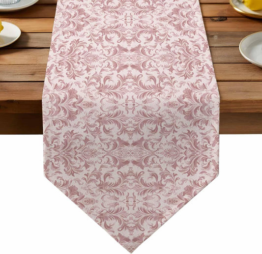 Pink Baroque Table Runner Linen Burlap Table Runner 72 Inches Long Farmhouse Scroll Floral Damask Patterned Dresser Scarves for Kitchen Island Coffee Dining Room Party Wedding Holiday Decor 13"x72"