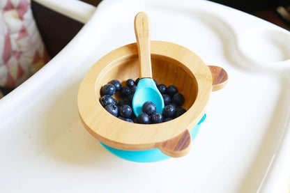 Suction Bowls for Baby- Bamboo set- LED Weaning Spoons- BPA Free - Toddler bowl and spoon set- Pink