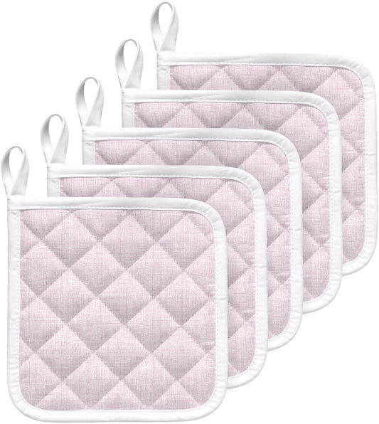 Light Pink Pot Holders for Kitchen, Farmhouse Vintage Pink Solid Color Modern Pot Holder with Loop Trivet Heat Insulation Oven Mitts Hot Pads, Washable Potholders for Cooking Baking 5 Pack