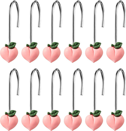 Peach Shower Curtain Hooks - 12 Pcs Peach Bathroom Resin Decor Accessories Set Glide Home Decorative Shower Curtain Rod Rings Hooks Hangers Rust Resistant Proof Stainless Steel Pinch Pleat