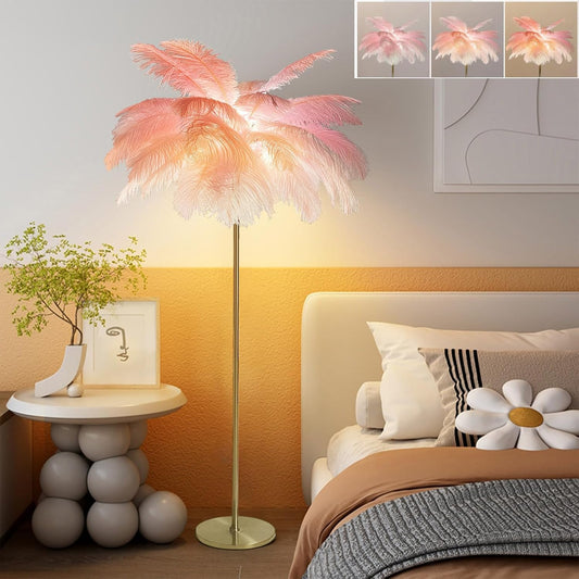 Ostrich Feather Lamp Feather Floor Lamps, 3 Colors Led Bulb, Bedroom Standing Decorative Lamp for Living Room Bedroom Office Shop Window（62.99 Inch High） (Light Pink)
