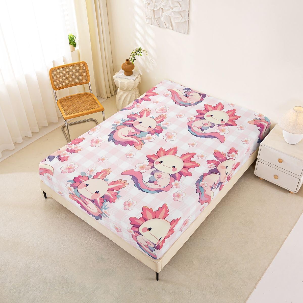 Erosebridal Kawaii Pink Axolotl Fitted Sheet Full Size Cartoon Peach Blossoms Bed Sheets Flower Salamander Bedding Set for Kids Boys Girls Women Lovely Animal Sheets