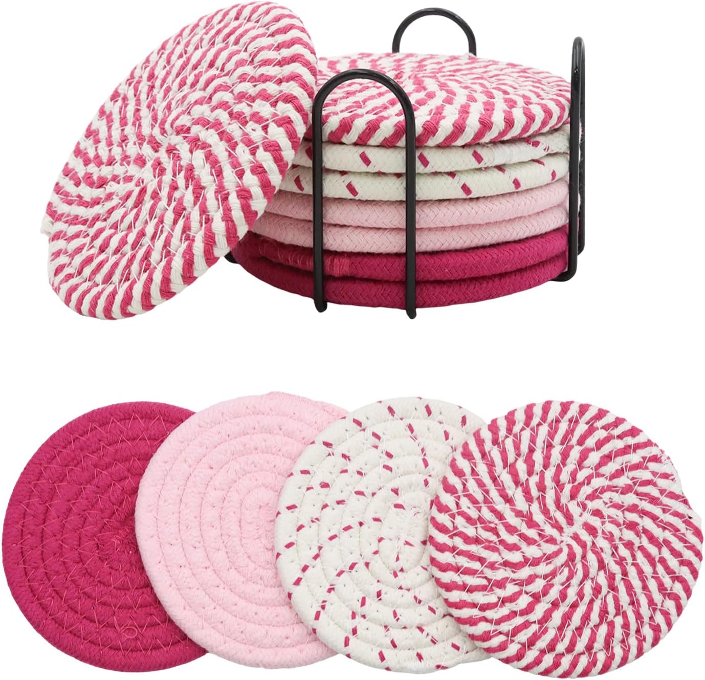 4 PCS Pink Coasters Set of 8, Fabric Coasters for Drinks Absorbent Woven Cute Coaster with Holder for Desk House Essentials Modern Home Decor