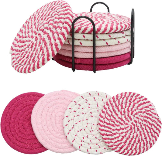 4 PCS Pink Coasters Set of 8, Fabric Coasters for Drinks Absorbent Woven Cute Coaster with Holder for Desk House Essentials Modern Home Decor