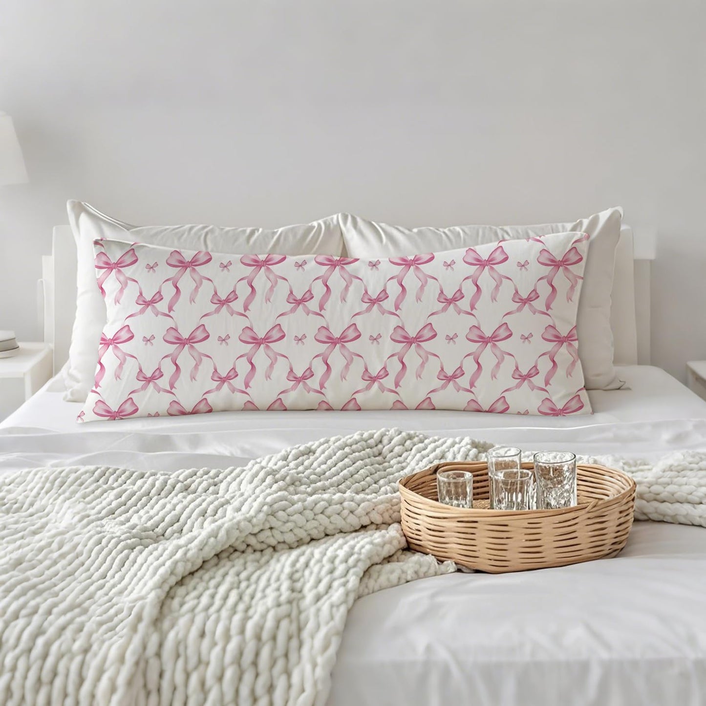 Coquette Pink Bow 20x54 Body Pillow Cover, Coquette Preppy Room Dorm Decor, Girly Room Decor Aesthetic, Pink Ribbon Decorative Long Body Pillow Cases for Bed Couch