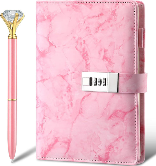 Zonon Diary with Lock for Girls Marble PU Leather A5 Journal Combination with Diamond Pen Back to School Gifts Lock Diary Planner Organizer for Men and Women(Pink,1 Pcs)