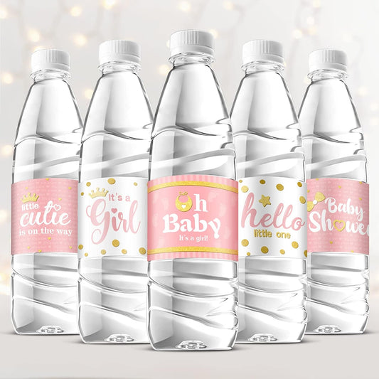 Teling 80 Pieces Baby Shower Water Bottle Labels Waterproof Water Bottle Stickers Wrappers Labels for Baby Shower Party Decoration(Pink Girl Style)