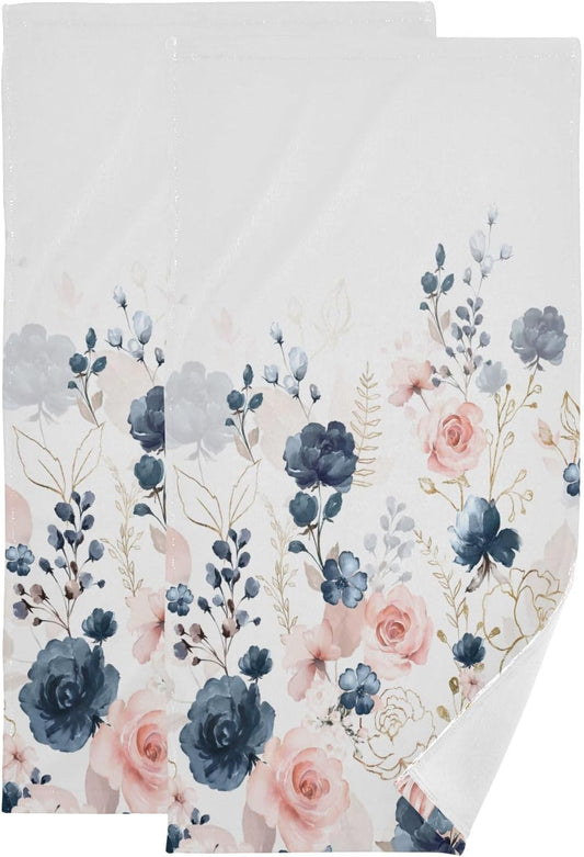 Navy Blue Pink Floral Hand Towels for Bathroom Set of 2 Watercolor Blossom Garden Flowers Face Towels Microfiber Rose Kitchen Towels Decorative Bathroom Towel for Gym Shower Guest 14" x 28"