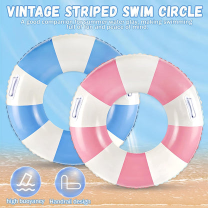 Classic Striped Pool Floats with Handle Inflatable Blue & White Stripes Tubes for Floating Large Swim Rings for Adult Summer Holiday Beach Bachelorette Party