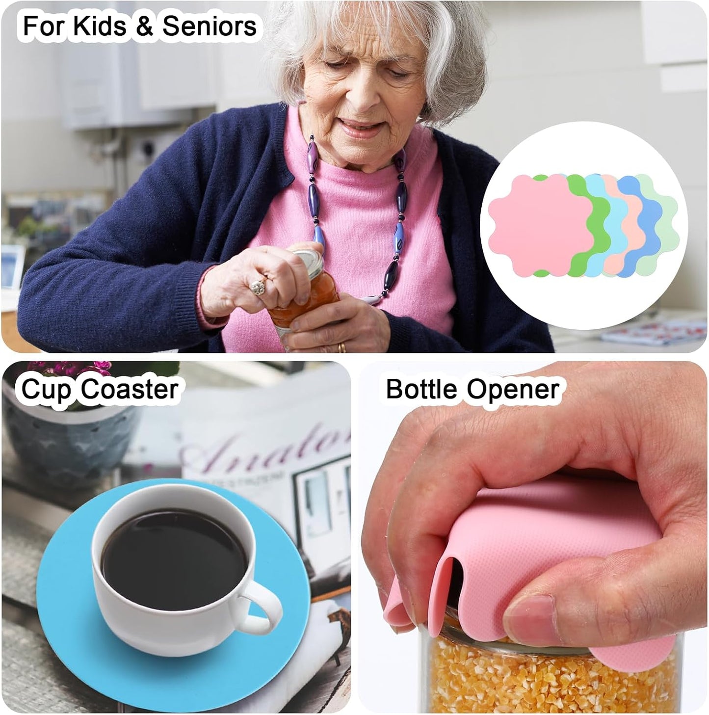 uxcell 4Pcs Silicone Jar Opener Pads, 4.53x4.72'' Texture Can Opener Flower Shape Thin Rubber Gripper Non-Slip for Weak Hands Senior Kitchen, Pink