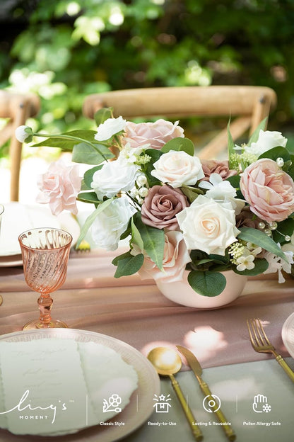 Ling's moment Fake Flowers Box, Faux Artificial Greenery Stems Foam Roses Gardenia Silk Ranunculus Peony Fabic Flower for Centerpieces Bouquet Wedding Vase, Dusty Rose & Pale Peach, Grand Combo