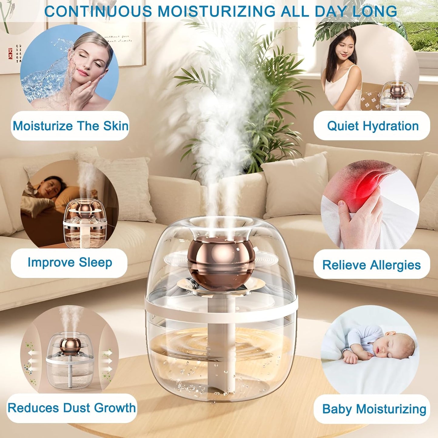 JINGYAN 3L Ultrasonic Cool Mist Humidifier for Bedroom- Transparent Tank, Easy to Clean, Dual Spray for 20H Quiet Mist Time, Night Light, Auto Shut-Off for Living Room, Office, Plant Care (Pink)