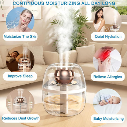JINGYAN 3L Ultrasonic Cool Mist Humidifier for Bedroom- Transparent Tank, Easy to Clean, Dual Spray for 20H Quiet Mist Time, Night Light, Auto Shut-Off for Living Room, Office, Plant Care (Pink)
