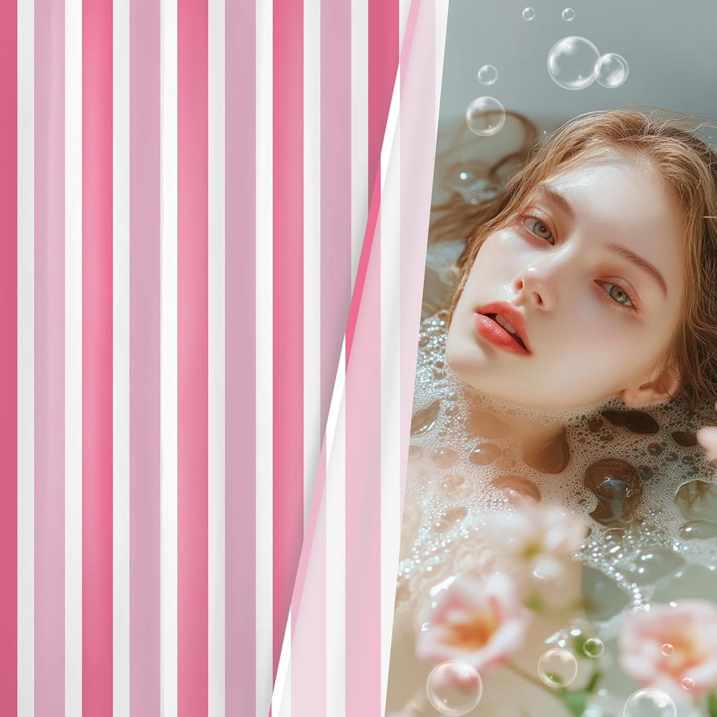 Pink and White Shower Curtain Modern Vertical Stripe Abstract Geometric Design Polyester Fabric Bathroom Decor Curtains, 72W X 78L inches