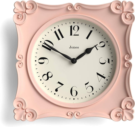 JONES CLOCKS® Rialto Wall Clock | Ornate Vintage Style Square Clock | 10 inch | Pink | Ideal for The Living Room or Bedroom