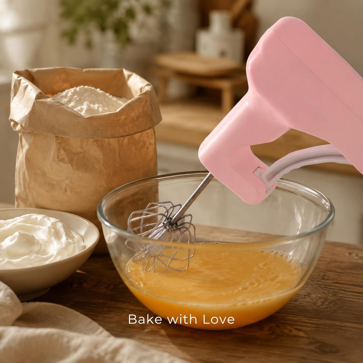 Semi Automatic Hand Mixer Egg Beater, Stainless Steel Pink 30cm - Ergonomic Grip, Quiet 360° Mixing, Ideal for Baking & Kitchen Use