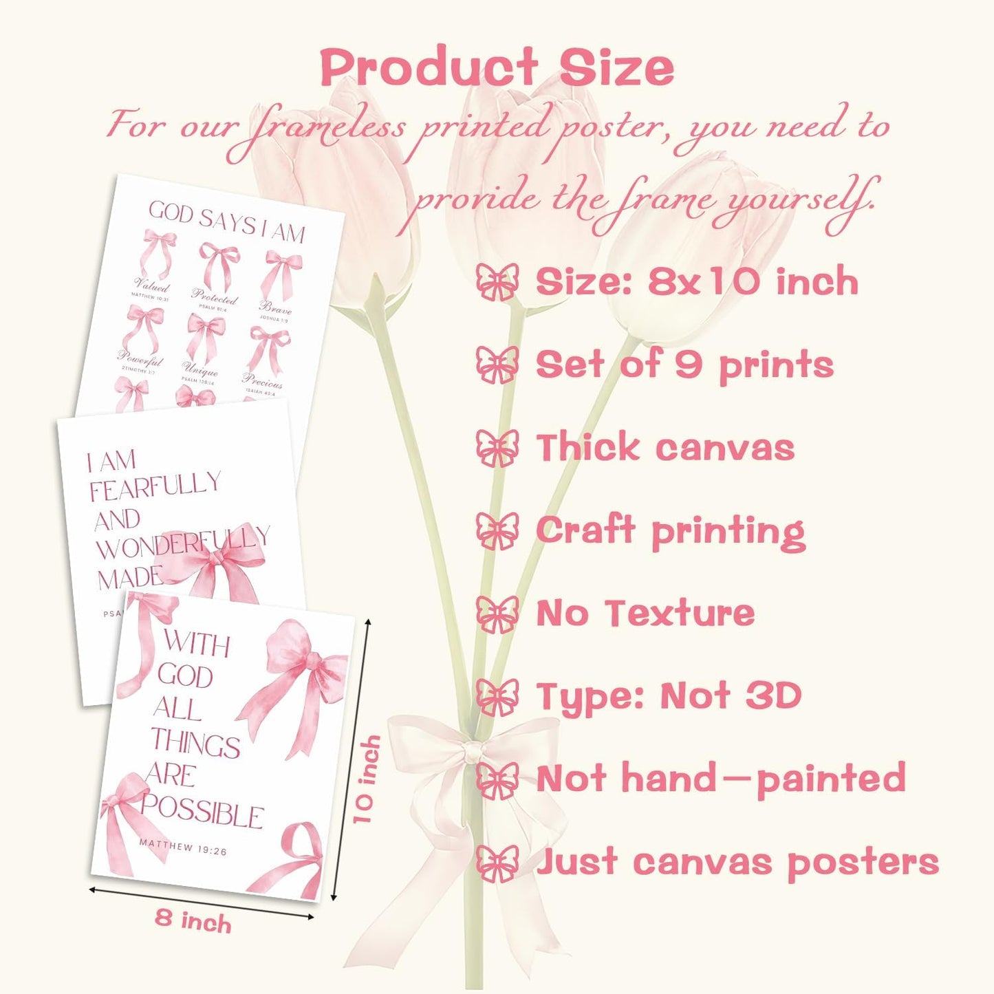 Pink Bows Bible Verse Christian Canvas Wall Art Set of 9, Trendy Posters Prints Wall Decor, Cute Coquette Preppy Girls Aesthetic Room Decor Gifts for Bedroom Living Room Home Decor 8x10inch Unframed