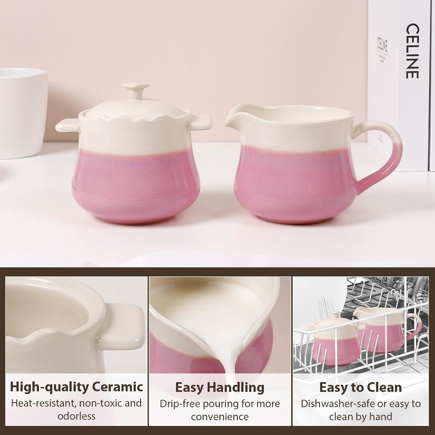 INGOFIN Ceramic Sugar and Creamer Set, 2-Piece French Style Cream Pitcher and Sugar Bowl with Lid, Coffee and Tea Serving Set for Home Kitchen, Microwave & Dishwasher Safe, Pink and Beige