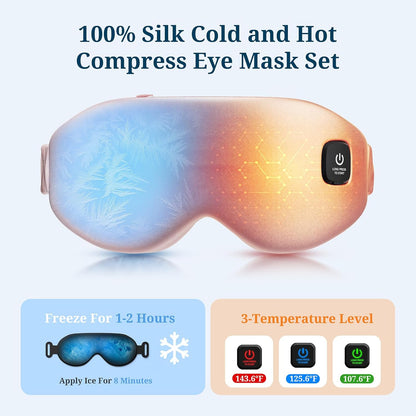 100% Silk Wireless Heated Eye Mask with Cooling, Relieves Dry Eye Syndrome and Puffy, Reduces Dark Circles, Adjustable Velcro Design and Washable Cover, Suitable for Travel & Gifts-Pink.