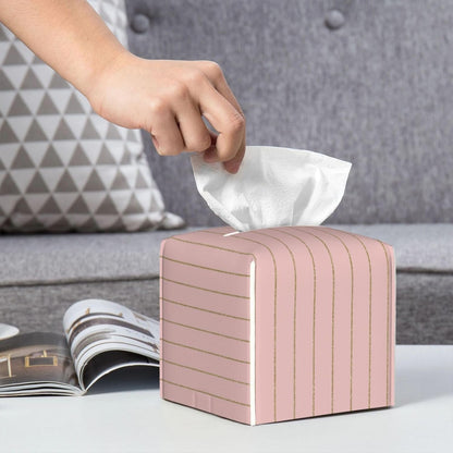 Decorative Tissue Box Cover Square - Retro Gold Pink Pinstripe Print A Leather Cube Tissue Box Holder Paper Case, Organizer Dispenser for Modern Home & Room/Office/Bathroom Decor Aesthetic