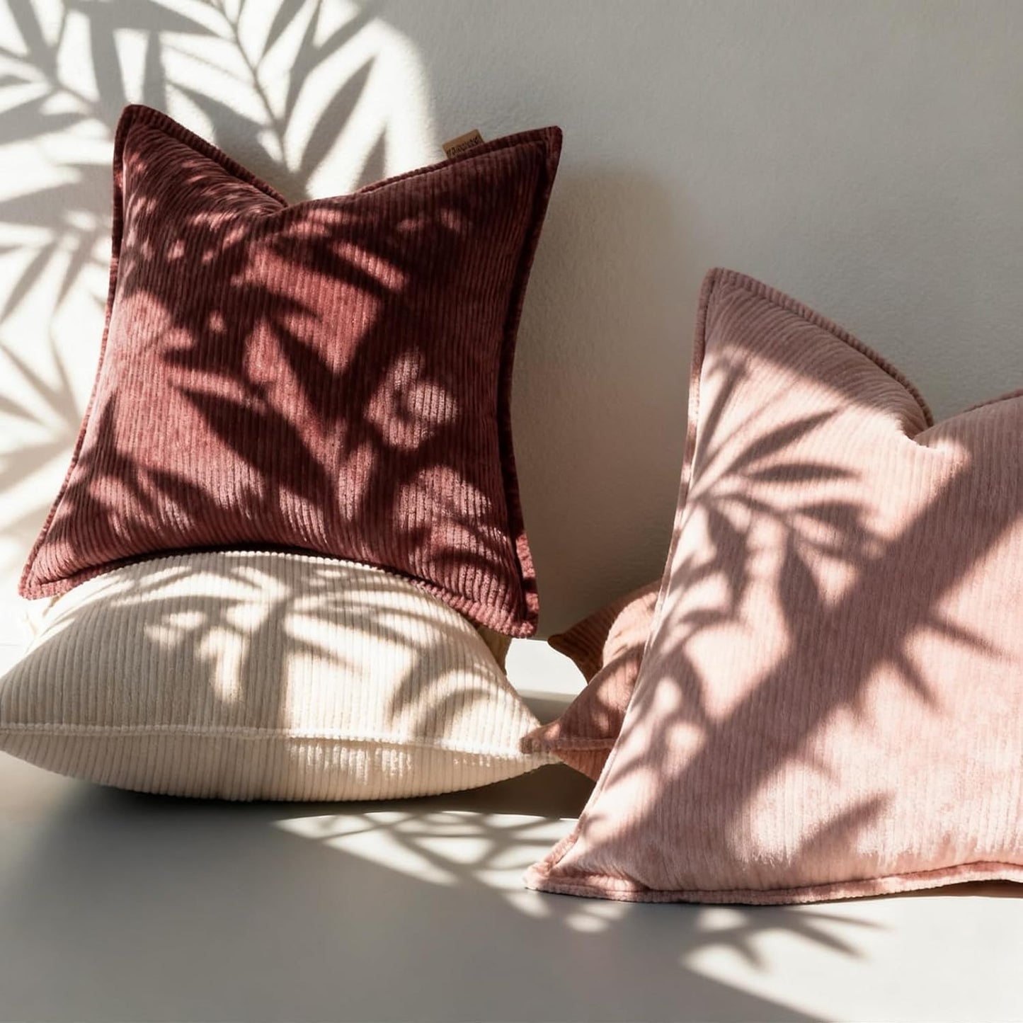 Corduroy Throw Pillow Covers 18x18 Set of 2 – Boho Decorative Pillow Covers for Couch, Sofa, Bed – Soft Square Cushion Covers for Living Room Decor (No Insert) Light Pink