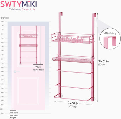 SWTYMIKI SWTYMIKI Over the Door Towel Racks for Bathroom - 5-Tier Wall Mounted Bathroom Towel Storage Organizer Holder with Metal Shelf, Pink
