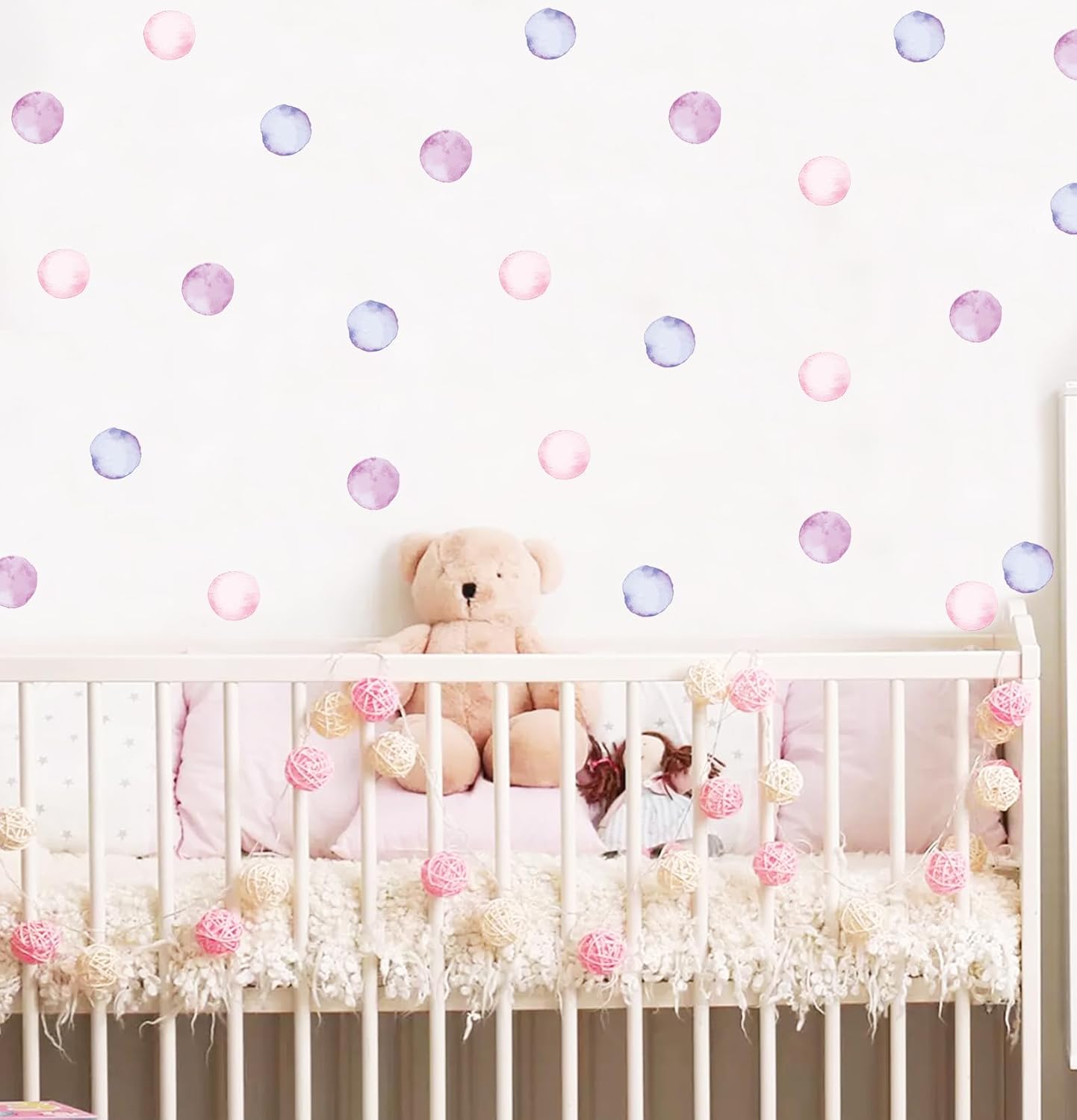 Watercolor Polka Dots Wall Decals Rainbow Colorful Removable Round Stickers for Kids Baby Girls Playroom Nursery Room (Pink Purple)