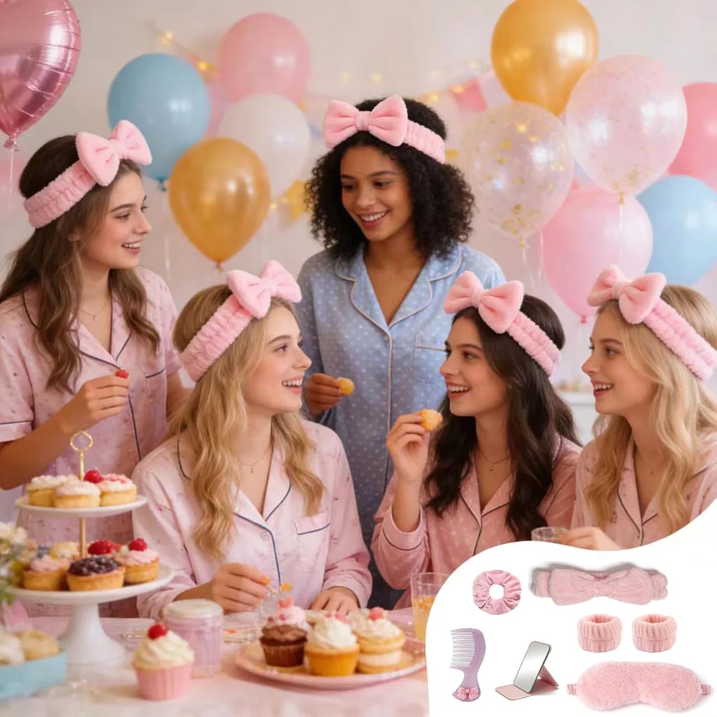 108 PCS 12 Set Pink Spa Party Favors for Girls Women Sleepover Party Supplies , Plush Eye Mask Bow Headband Scrunchies Wristband Mirror Comb Gift Bag for Galentine’s Valentine’s Day Slumber Party