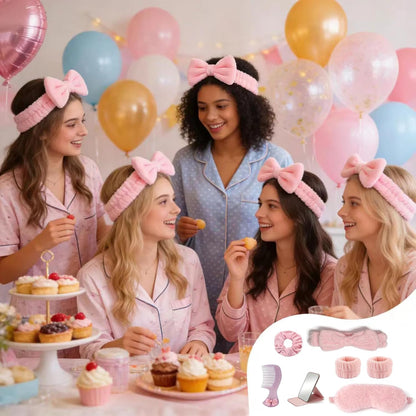 108 PCS 12 Set Pink Spa Party Favors for Girls Women Sleepover Party Supplies , Plush Eye Mask Bow Headband Scrunchies Wristband Mirror Comb Gift Bag for Galentine’s Valentine’s Day Slumber Party