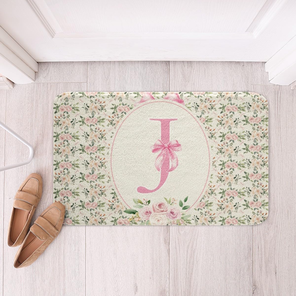 Erosebridal Peach Blossom Bathroom Rugs 16" x 24" Letter J Bath Mat Cute Bowknot Princess Coquette Doormat Pink Bow Fashion Preppy Dreamy