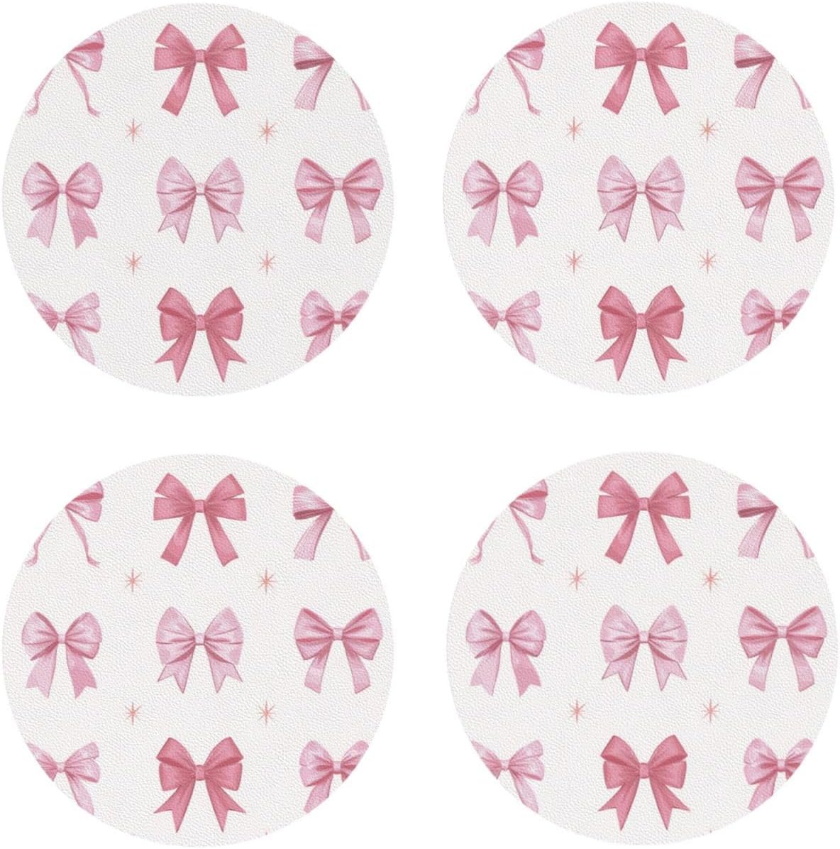 Nine Light Pink Bows Drinks Coasters Set of 4 Leather Drink Coasters for Tabletop Protection Heat Resistant Bar Cup Mat Pad