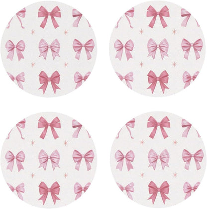 Nine Light Pink Bows Drinks Coasters Set of 4 Leather Drink Coasters for Tabletop Protection Heat Resistant Bar Cup Mat Pad
