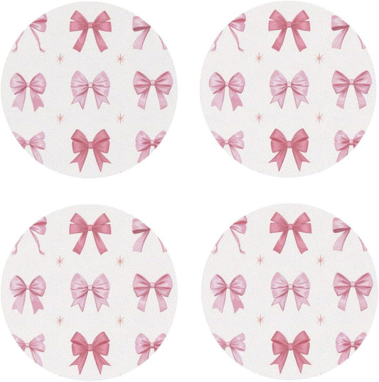 Nine Light Pink Bows Drinks Coasters Set of 4 Leather Drink Coasters for Tabletop Protection Heat Resistant Bar Cup Mat Pad