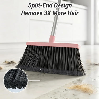 Broom with Dustpan Combo Set, Long Handle Upright Standing Self-Cleaning Broom and Dustpan Set for Pet Hair & Dust Cleanup, Indoor Outdoor Use for Home, Kitchen, Office, Pink