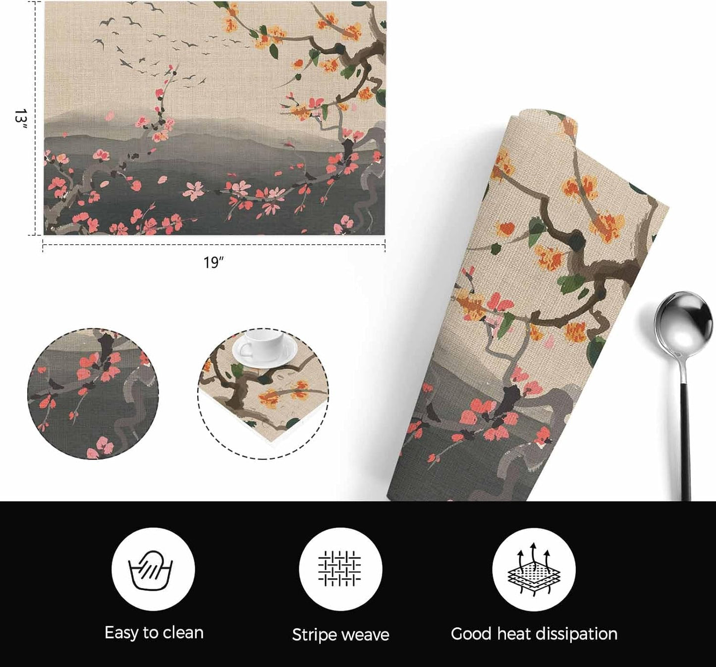 Chinese Ink Painting Placemats Set of 6, Washable PVC Kitchen Table Mats Place Mats, Pink Peach Blossom Branches Woven Vinyl Placemat for Dining Table, 13" x 19"
