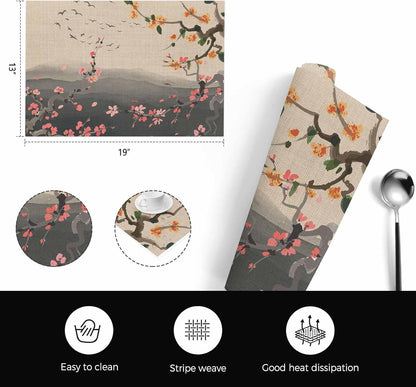 Chinese Ink Painting Placemats Set of 6, Washable PVC Kitchen Table Mats Place Mats, Pink Peach Blossom Branches Woven Vinyl Placemat for Dining Table, 13" x 19"