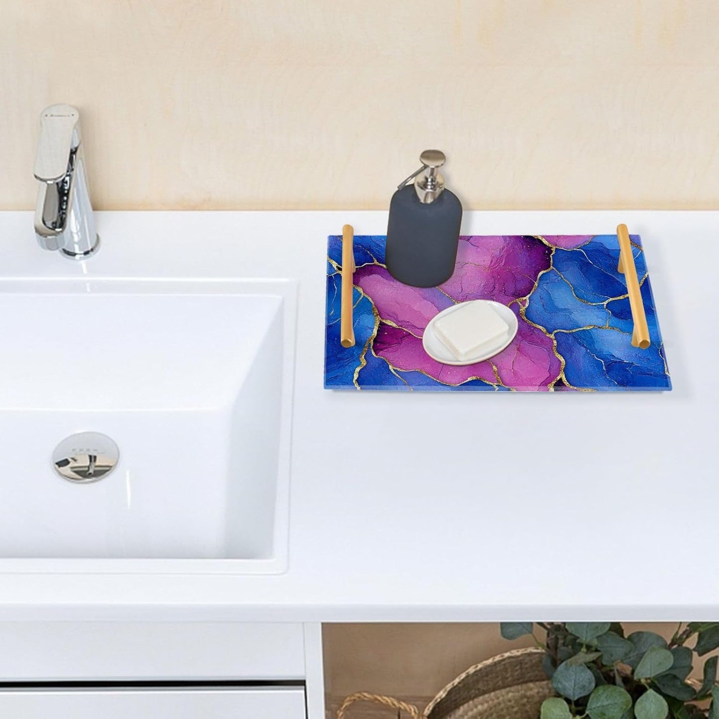 Marble Royal Blue Hot Peach Decorative Breakfast Tray with Handles Drink Serving Tray for Jewelry Perfume for Kitchens & Serving Guests