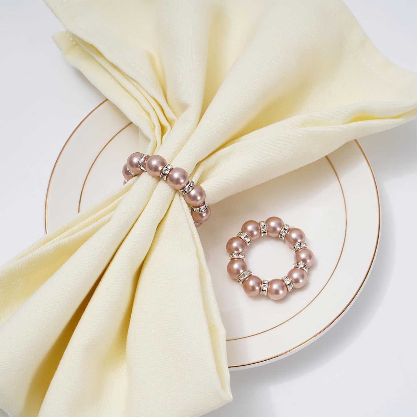 JarThenaAMCS 100Pcs Rose Gold Pearl Napkin Rings Stretched Pearl Beaded Napkin Holder Buckles Pearls Rhinestone Dinner Table Ring for Wedding Birthday Valentine's Day, 1.6 Inch