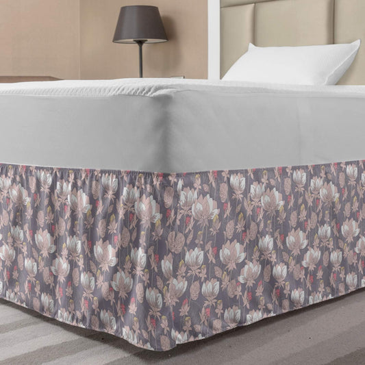 Lunarable Peonies Bedskirt, Pastel Vintage Blooms Pattern Meadow Field Blooms Old Fashioned Flower, Bedroom Decor Wrap Around Elastic Bed Skirt Gathered Design, Twin/Twin XL, Grey Pink Pale Peach