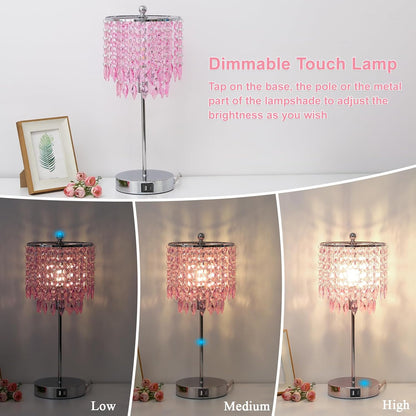 Pink Crystal Lamps, Touch Control Crystal Table Lamp with Dual USB Charging Ports, 3 Way Dimmable Bedside Lamp Decorative Nightstand Lamp for Girls Bedroom, Living Room, B11 LED Bulb Included
