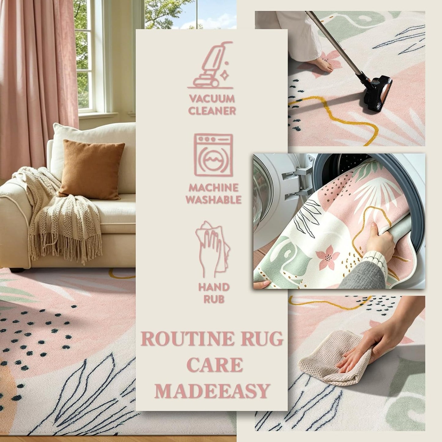 Lahome Pink Boho Living Room Rug 6x9, Washable Non Slip Soft Botanical Area Rug for Cozy Family Room Classroom Bedroom Home Decor
