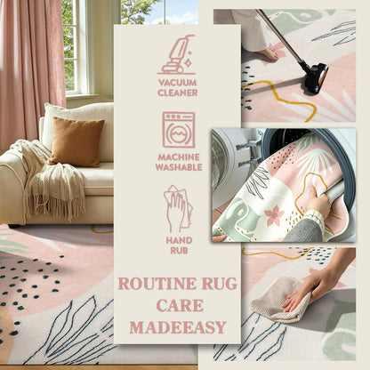 Lahome Pink Boho Living Room Rug 6x9, Washable Non Slip Soft Botanical Area Rug for Cozy Family Room Classroom Bedroom Home Decor