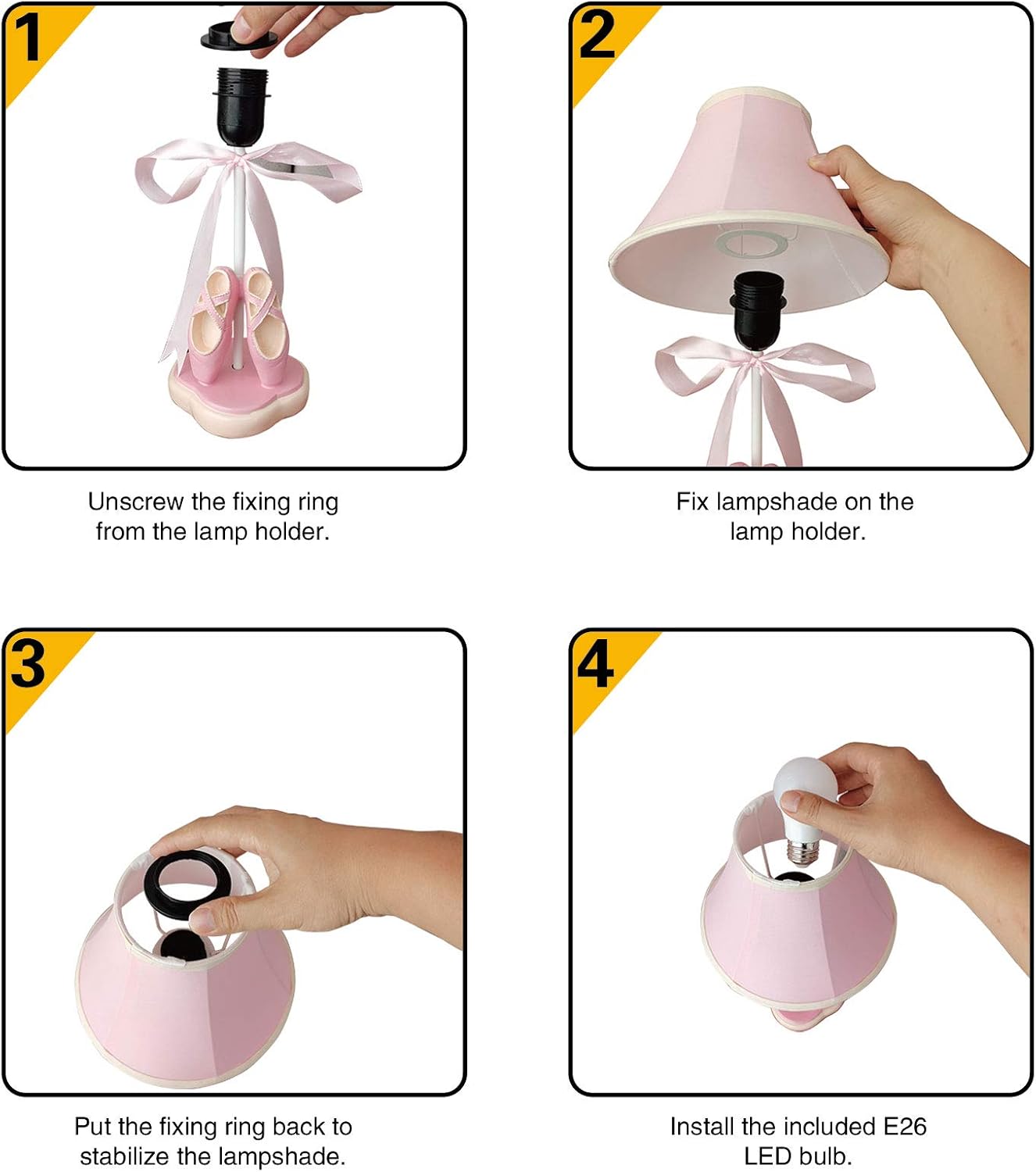 Cozylight Bedside Lamp, Pink Dancing Shoes Design, 14inch Tall Table Lamp with Fabric Stitch Shade for Girl’s Bedroom Décor, Including an E26 LED Bulb (Push Button)